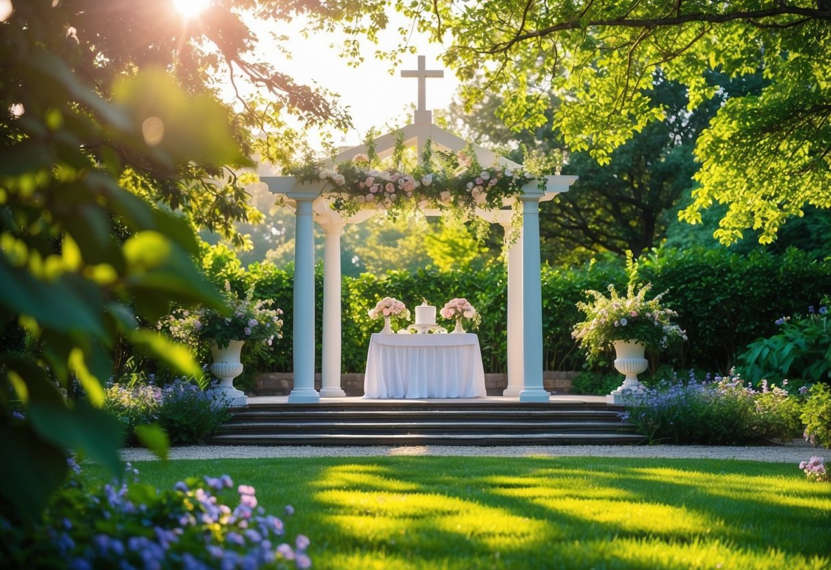 A serene garden with a flower-covered altar, soft sunlight filtering through the trees, and a gentle breeze rustling the leaves
