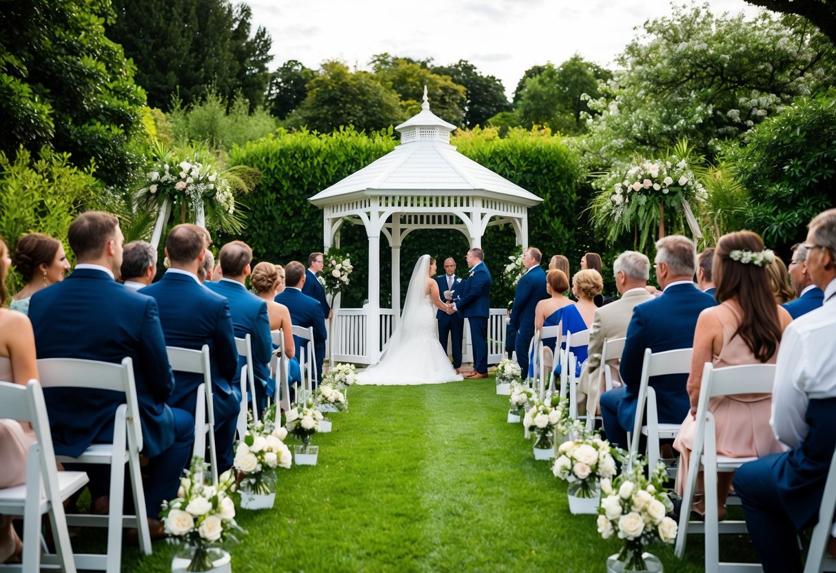 A wedding ceremony in a lush garden, with a white gazebo adorned with flowers. Guests are seated on either side of a central aisle