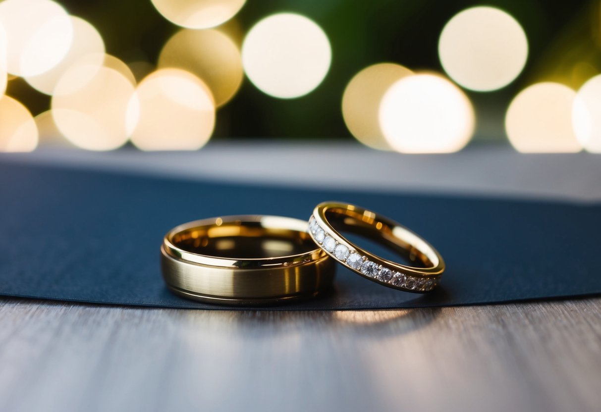 A pair of gold wedding rings lying haphazardly on a table