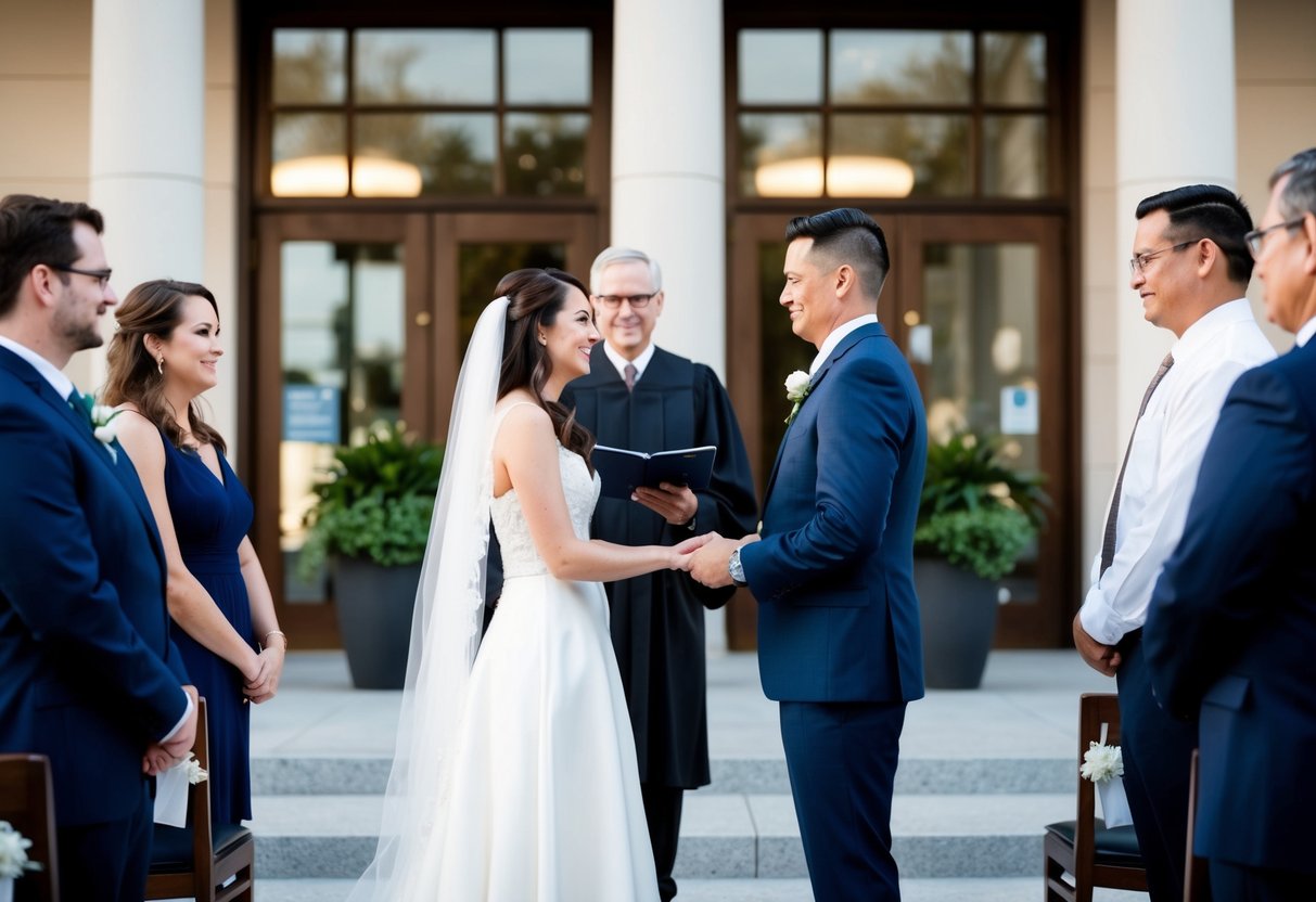 A courthouse wedding ceremony with a couple standing before a judge and exchanging vows