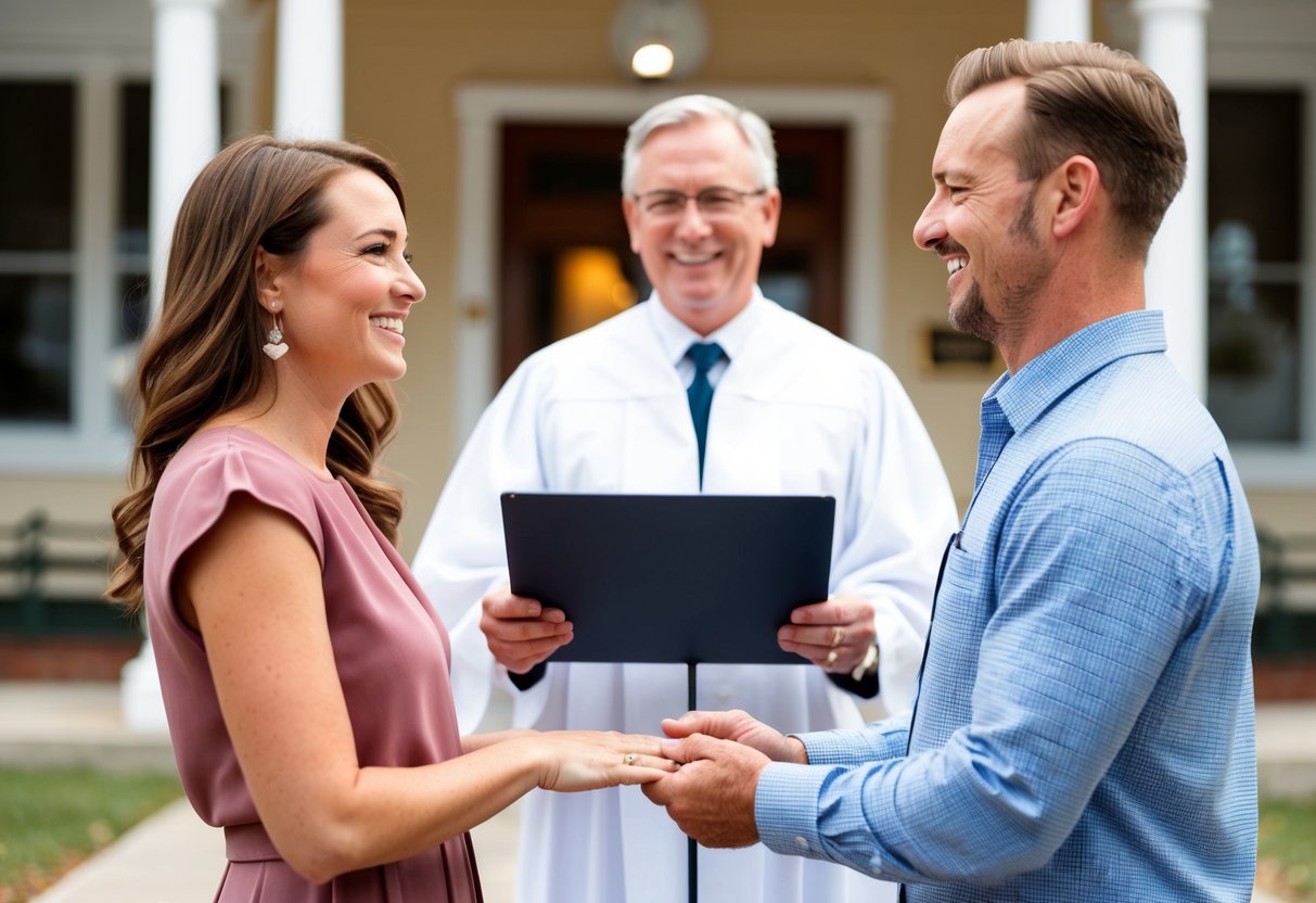 A man and woman stand before a small town mayor, exchanging vows in a quaint courthouse setting. The atmosphere is casual yet intimate, with the couple's love evident in their smiles