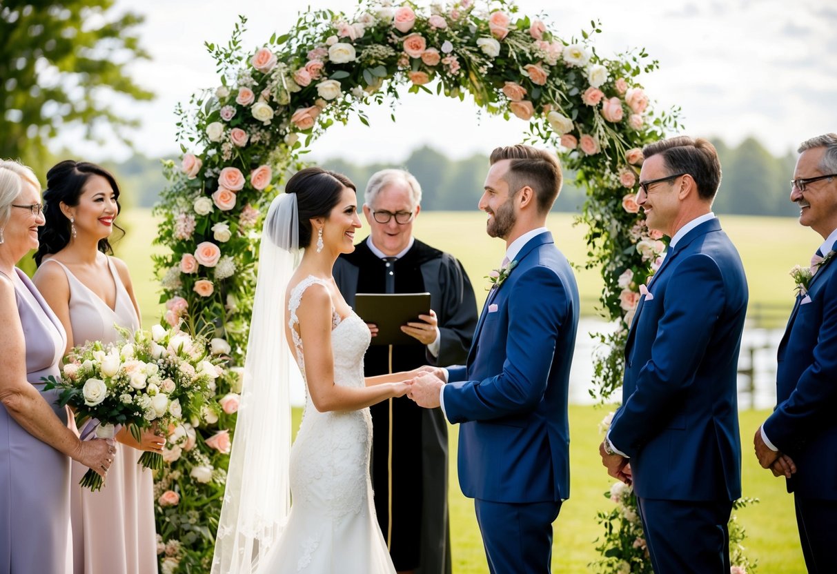 A bride and groom exchange vows under a floral arch, surrounded by family and friends. A wedding officiant stands nearby, overseeing the ceremony