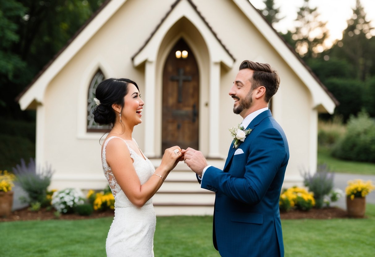 A couple standing in front of a small, quaint chapel, exchanging rings with a surprised and joyful expression on their faces