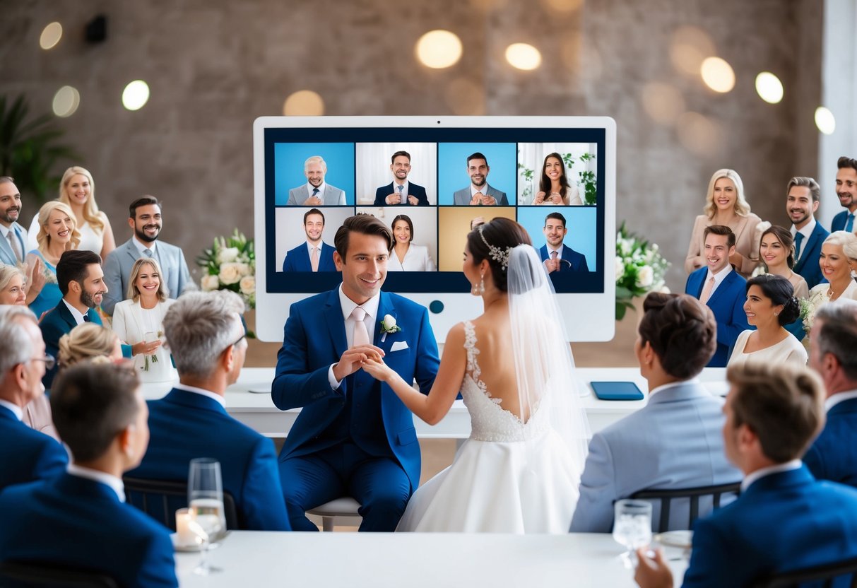 A bride and groom sit in front of a computer screen surrounded by virtual guests, exchanging vows and rings through a video call