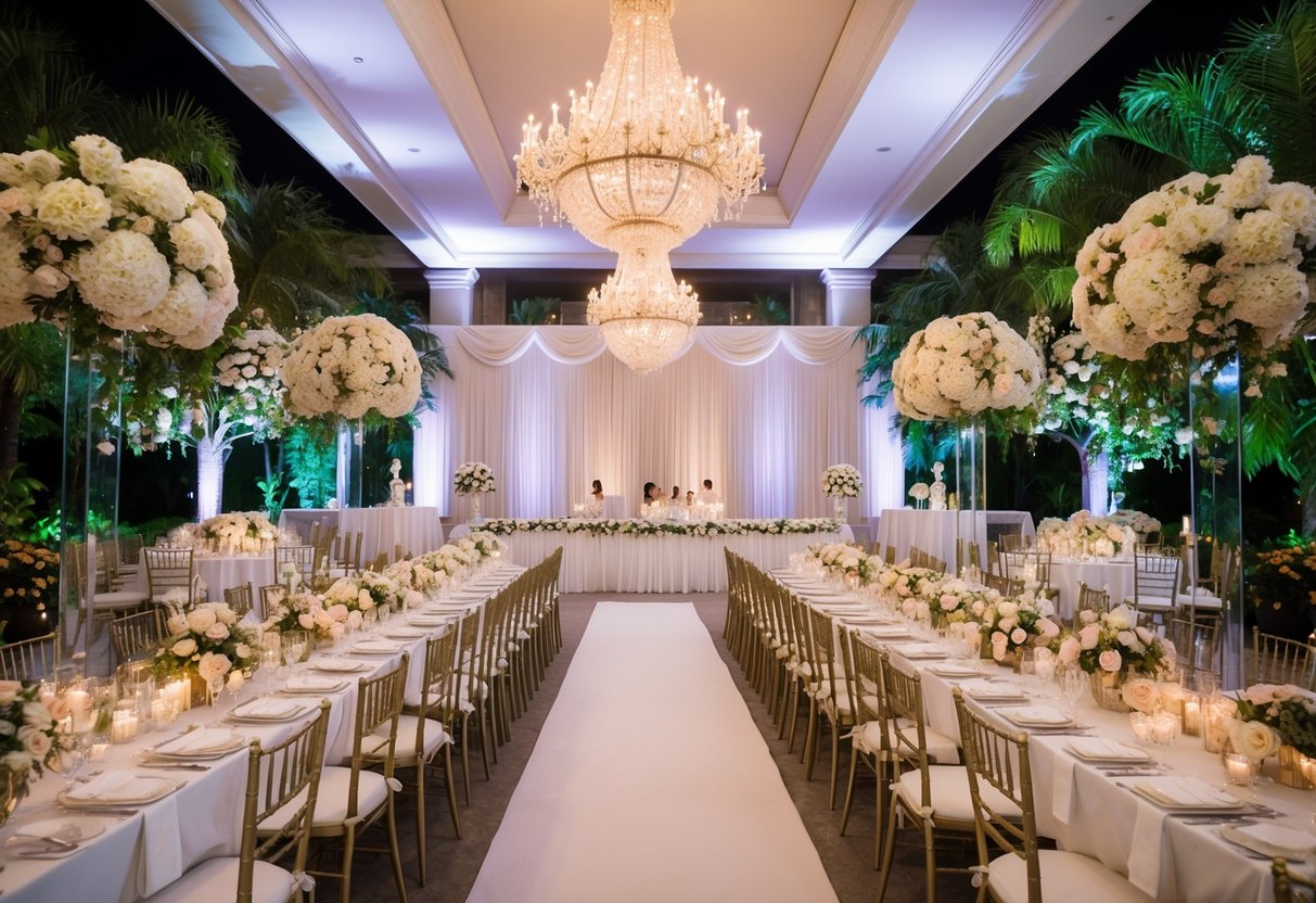 A grand wedding venue with a lavish ceremony and reception, surrounded by lush gardens and elegant decor