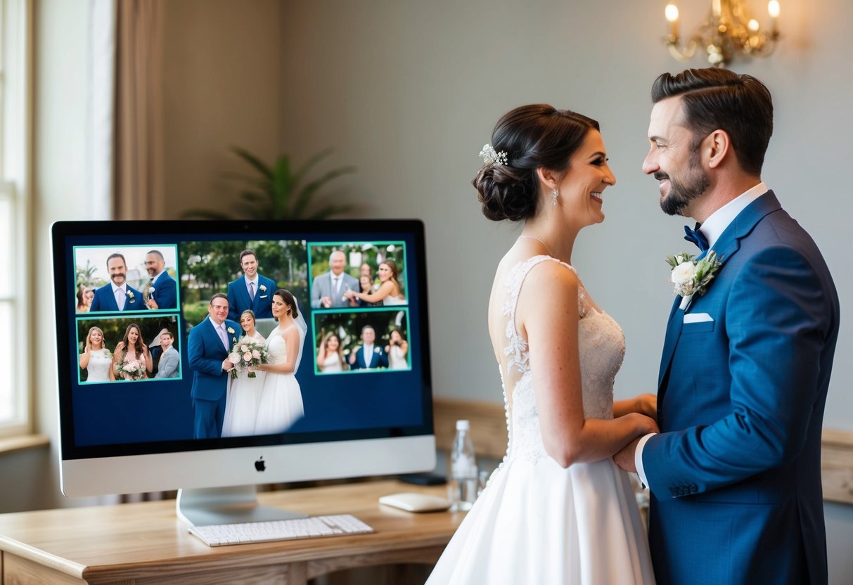 A bride and groom stand in front of a computer with a wedding officiant on the screen. Family and friends appear in small video boxes on the screen, watching and celebrating