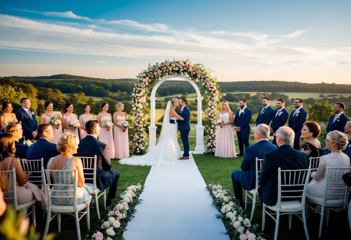 A grand wedding venue with a beautiful arch and floral decorations, surrounded by happy guests and a picturesque landscape