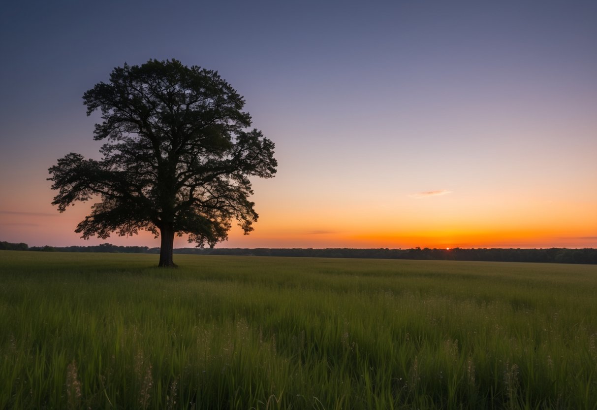 A serene meadow with a lone tree under a colorful sunset