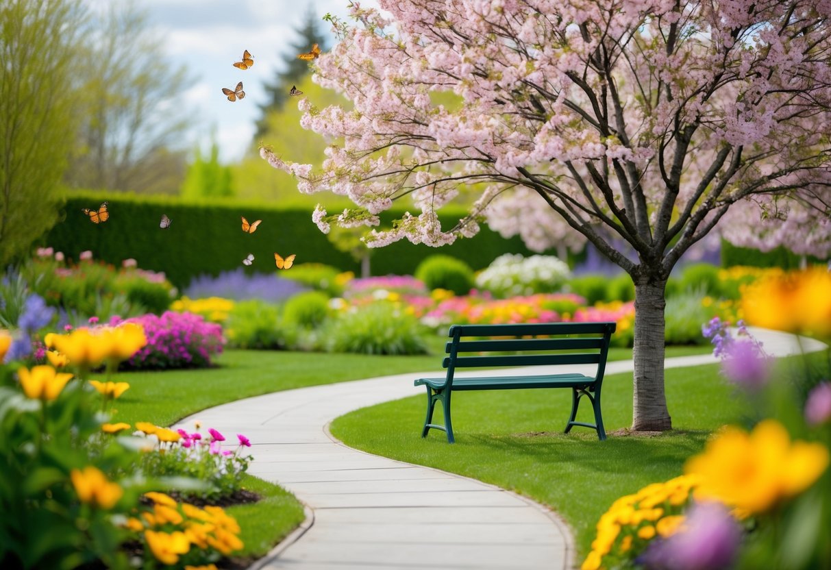 A serene garden with a winding path leading to a solitary bench under a blossoming tree, surrounded by colorful flowers and fluttering butterflies