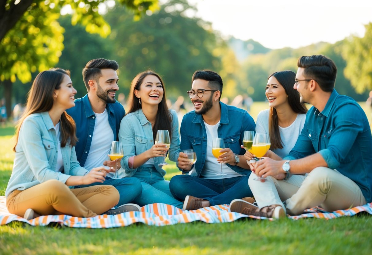 A group of friends enjoying a picnic in a park, laughing and chatting together, with a mix of couples and single individuals