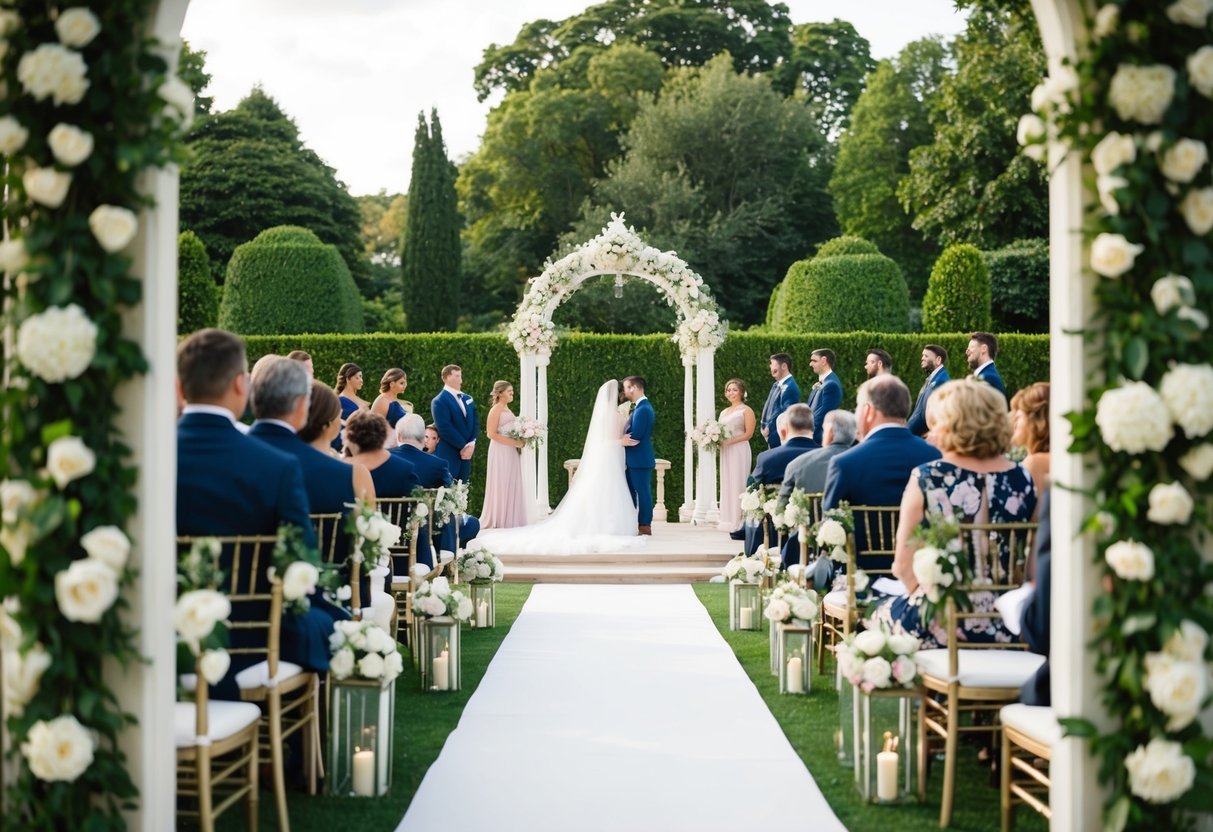 A grand, outdoor wedding ceremony with a lush garden, ornate decorations, and a majestic archway. The setting is filled with elegance and grandeur