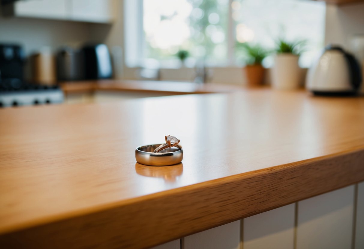 A wedding ring left on the kitchen counter while a spouse is out