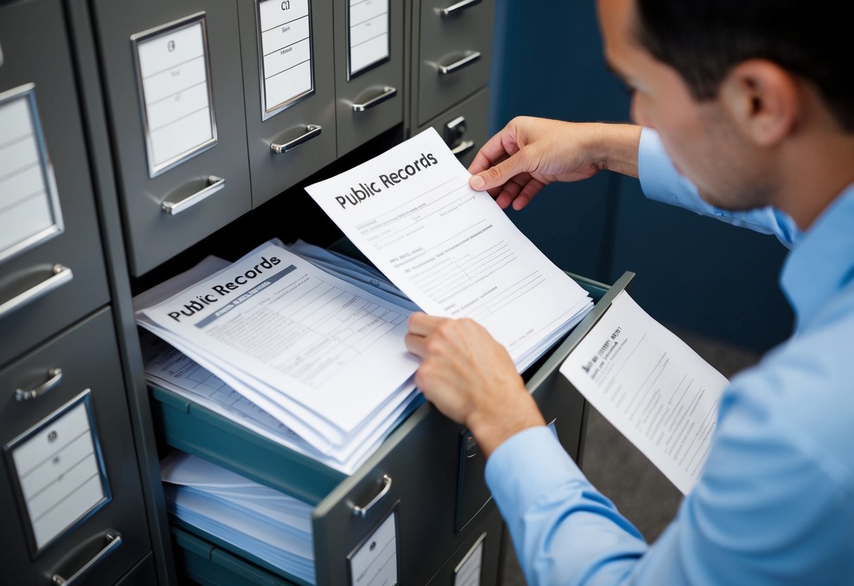 A person searching through a filing cabinet labeled "Public Records" with various documents spilling out, revealing marriage certificates and divorce decrees