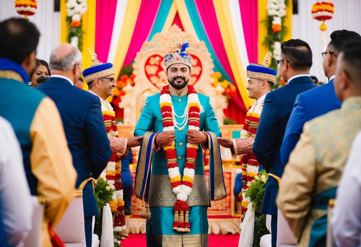 A grand wedding ceremony with vibrant colors, intricate decorations, and traditional cultural symbols representing love and unity