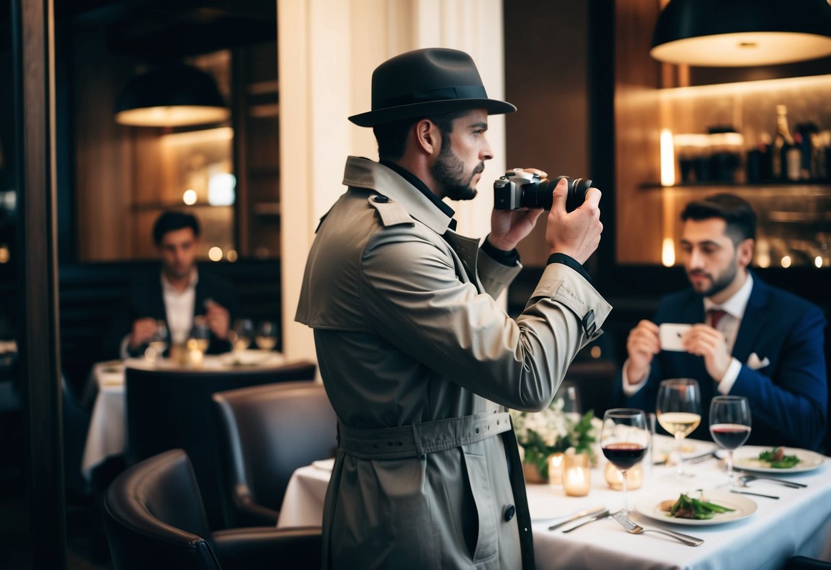 A man in a trench coat and fedora stands in the shadows, snapping photos of a couple dining at a fancy restaurant