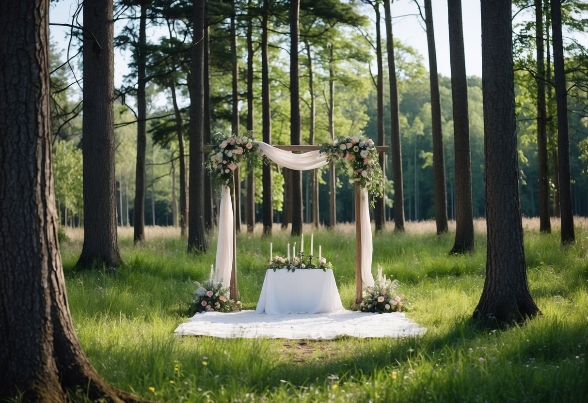 A secluded forest clearing with a simple altar of wildflowers and draped fabric, surrounded by tall trees and dappled sunlight
