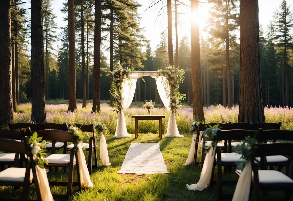 A secluded forest clearing with a simple altar of wildflowers and draped fabric. Sunlight filters through the trees, casting a warm glow on the intimate ceremony