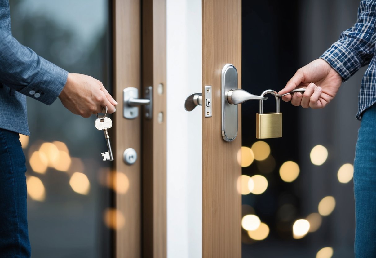A person holding a key and a person holding a lock, both standing on opposite sides of a door