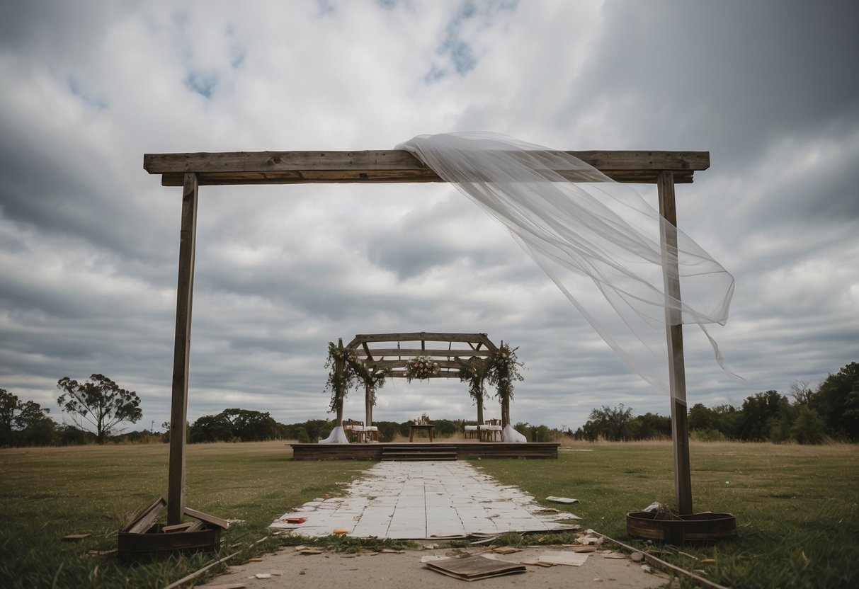A deserted wedding venue with abandoned decorations and a torn veil fluttering in the wind