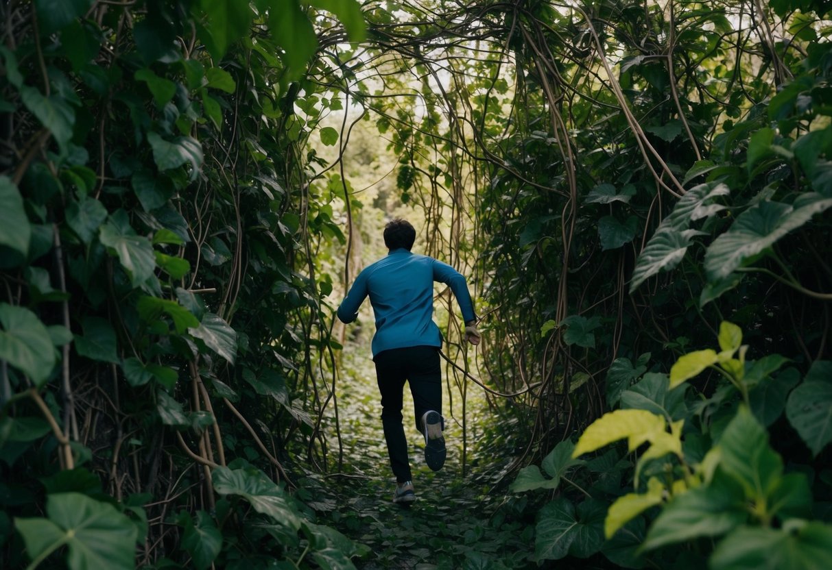 A figure running through a maze of tangled vines and overgrown foliage, desperately searching for a way out