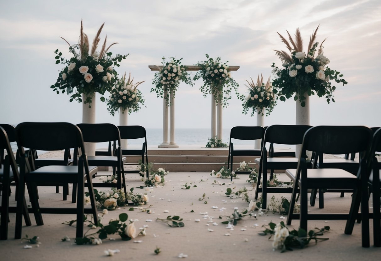 A deserted wedding altar with scattered flowers and abandoned chairs, symbolizing the impact of elopement as a crisis