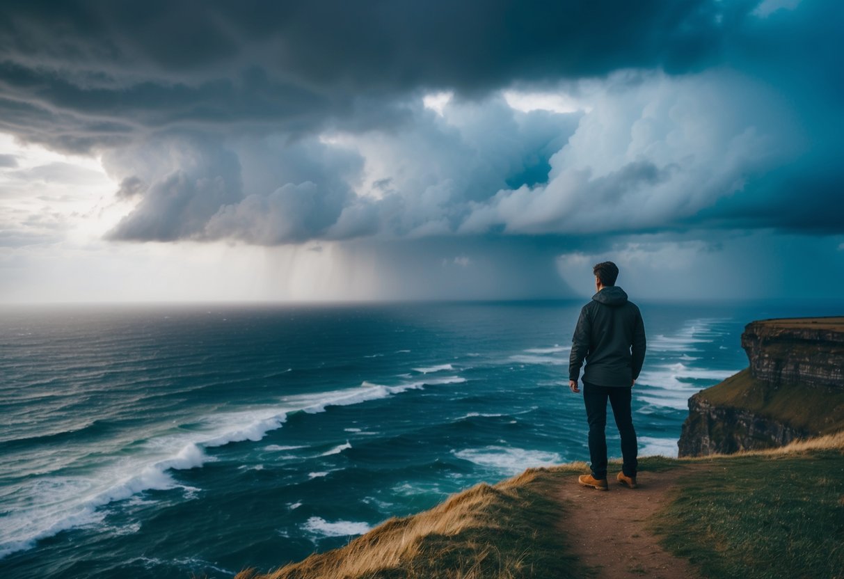 A figure standing at the edge of a cliff, looking out over a vast and turbulent sea, with storm clouds gathering in the distance