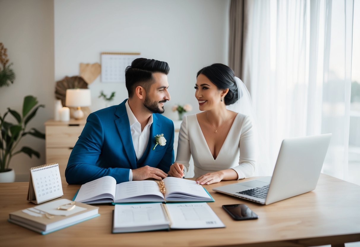 A couple sits at a table with wedding planning books, a calendar, and a laptop, discussing and organizing their small wedding vision and budget