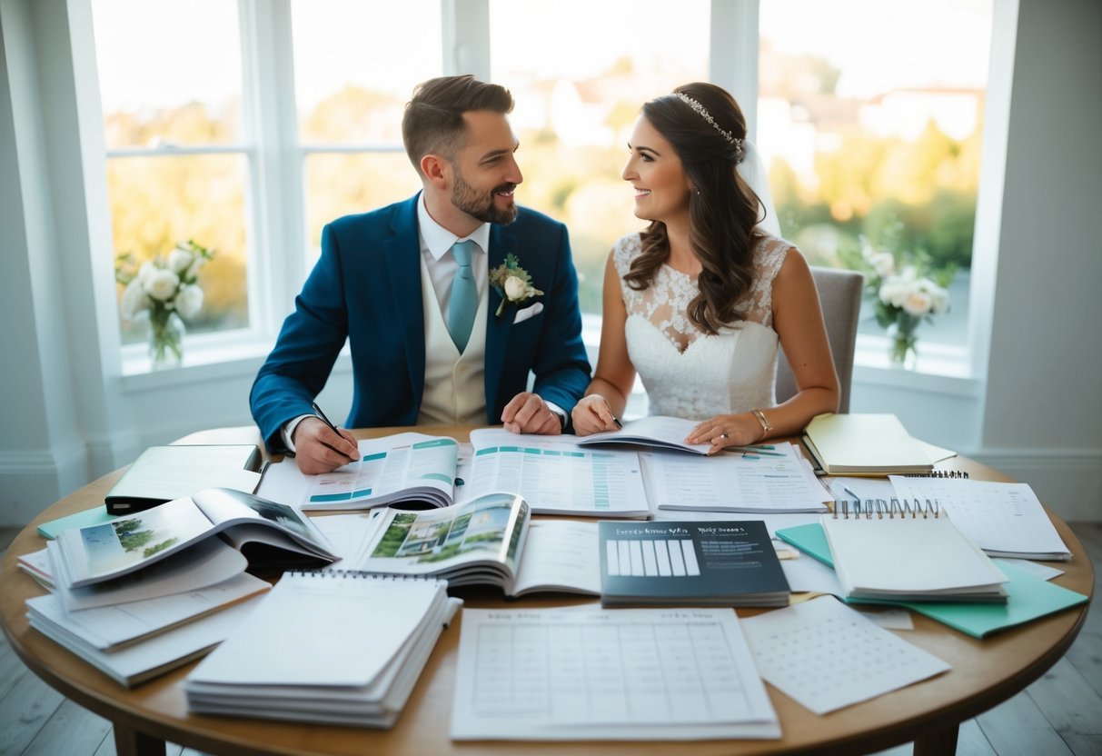 A couple sits at a table covered in wedding magazines and spreadsheets, surrounded by notes and a calendar. They discuss and plan their small wedding