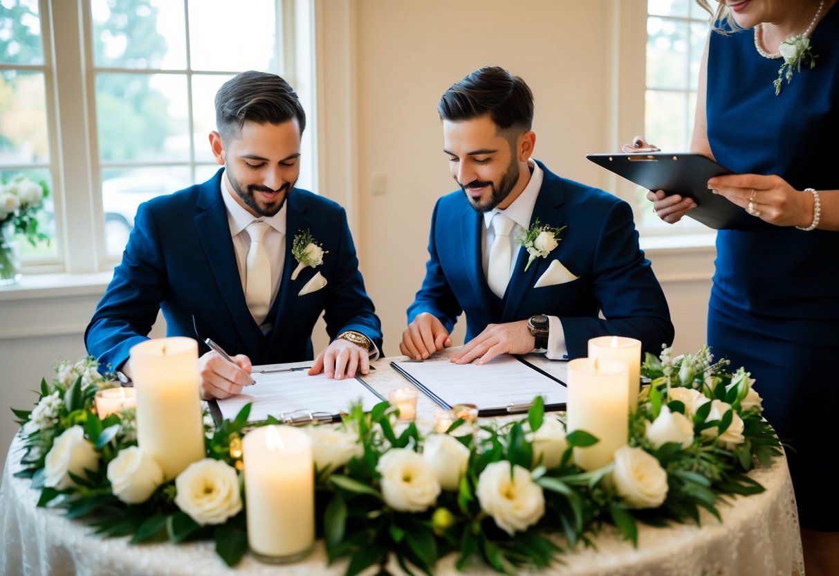A couple sits at a small table covered in flowers and candles, signing wedding documents. A planner stands nearby, checking off final details on a clipboard
