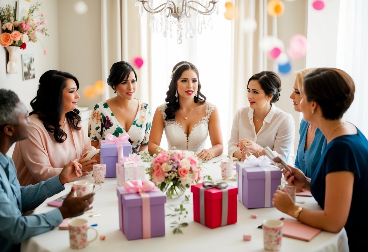 A bride sits at a table surrounded by friends, discussing plans for her upcoming bridal shower. Decorations and gifts are scattered around the room