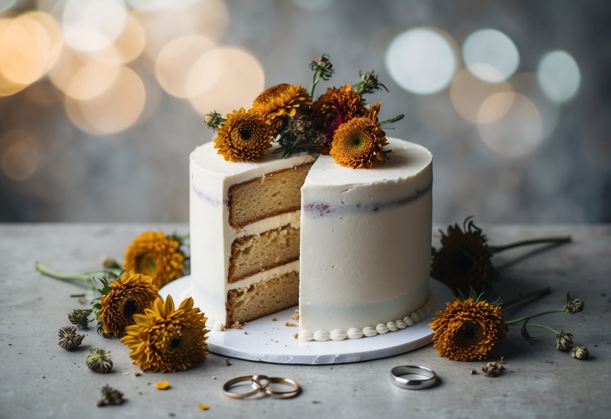 A wedding cake with a single slice taken out, surrounded by wilted flowers and discarded wedding rings