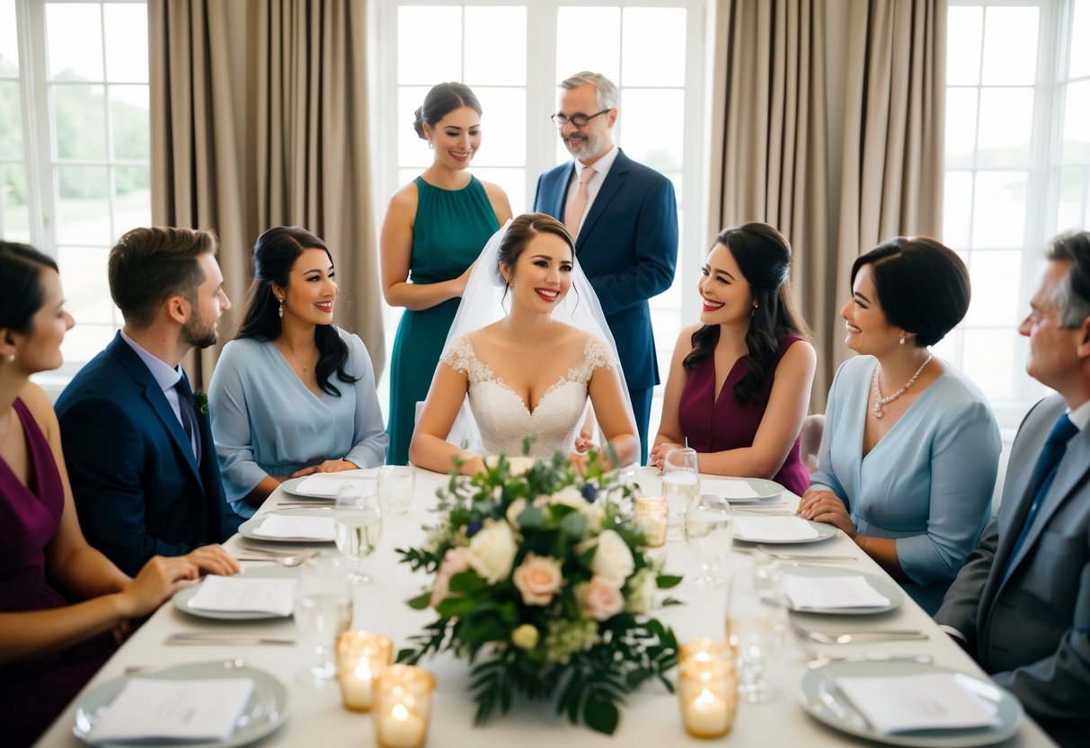 A bride sits at a table, surrounded by friends and family, discussing plans for her upcoming bridal shower