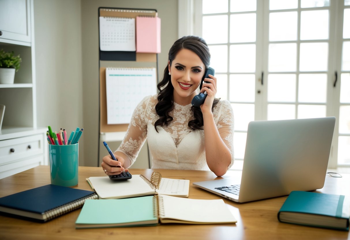 A bride sits at a desk surrounded by notebooks, a calendar, and a laptop. She is making phone calls and writing lists, organizing her own bridal shower