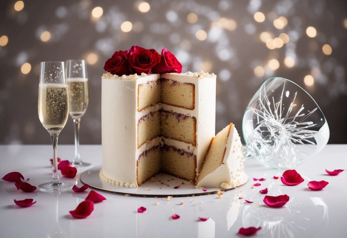 A wedding cake sliced in half, with one side pristine and the other toppled over, surrounded by scattered rose petals and shattered champagne glasses