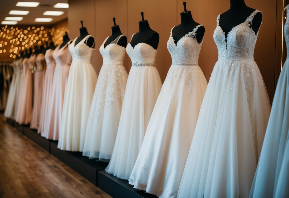 A row of wedding gowns in various sizes on display