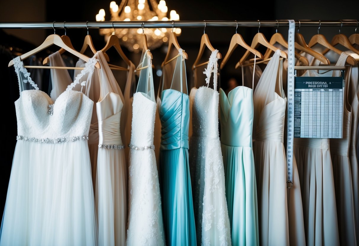 A rack of wedding dresses in various sizes, with a measuring tape and sizing chart nearby