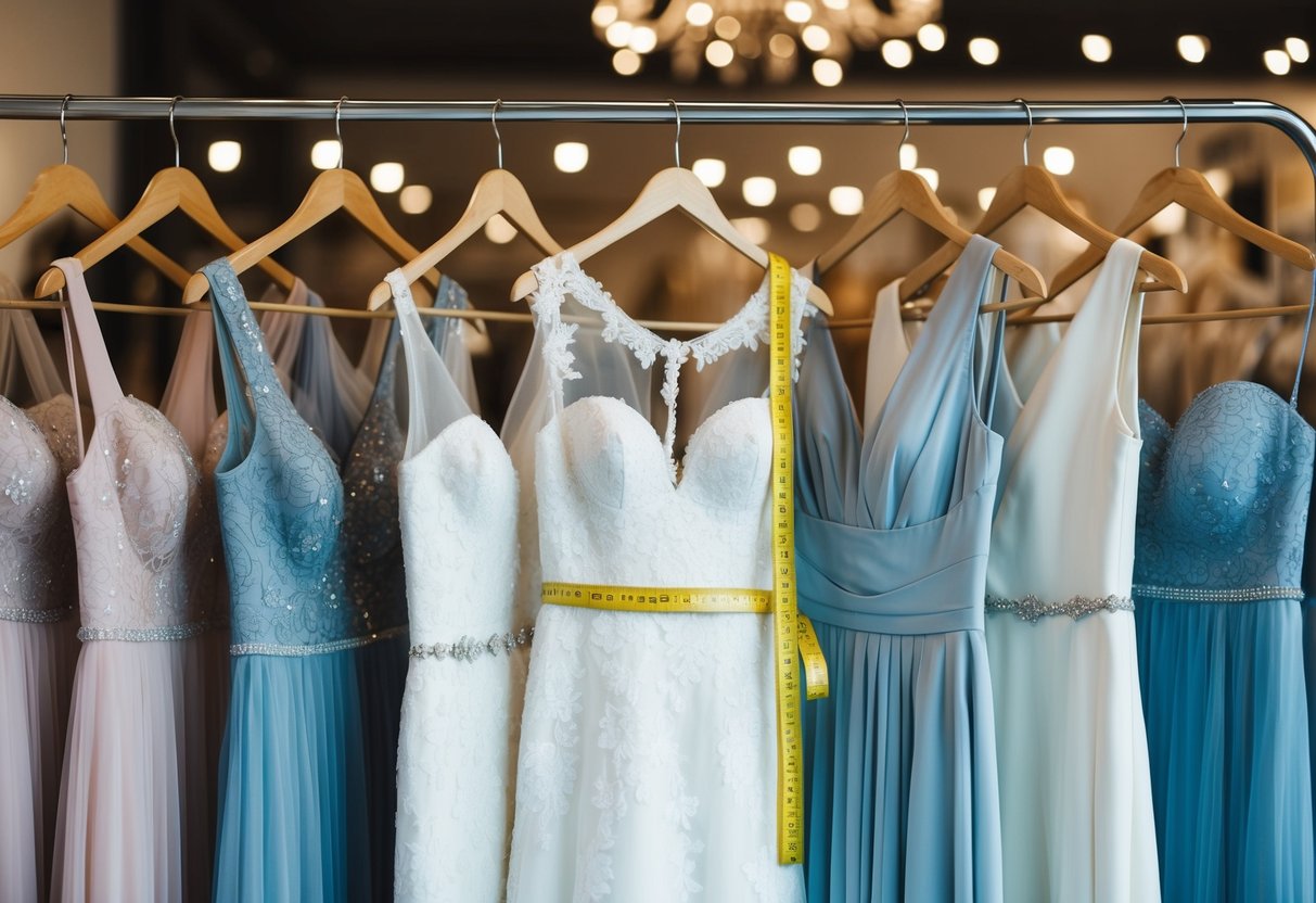 A rack of wedding dresses in various sizes, with a tape measure draped over the hangers