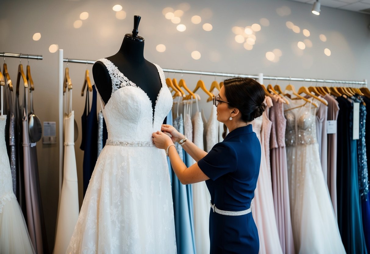 A wedding dress boutique with racks of various sizes and styles. A tailor measuring a dress on a mannequin