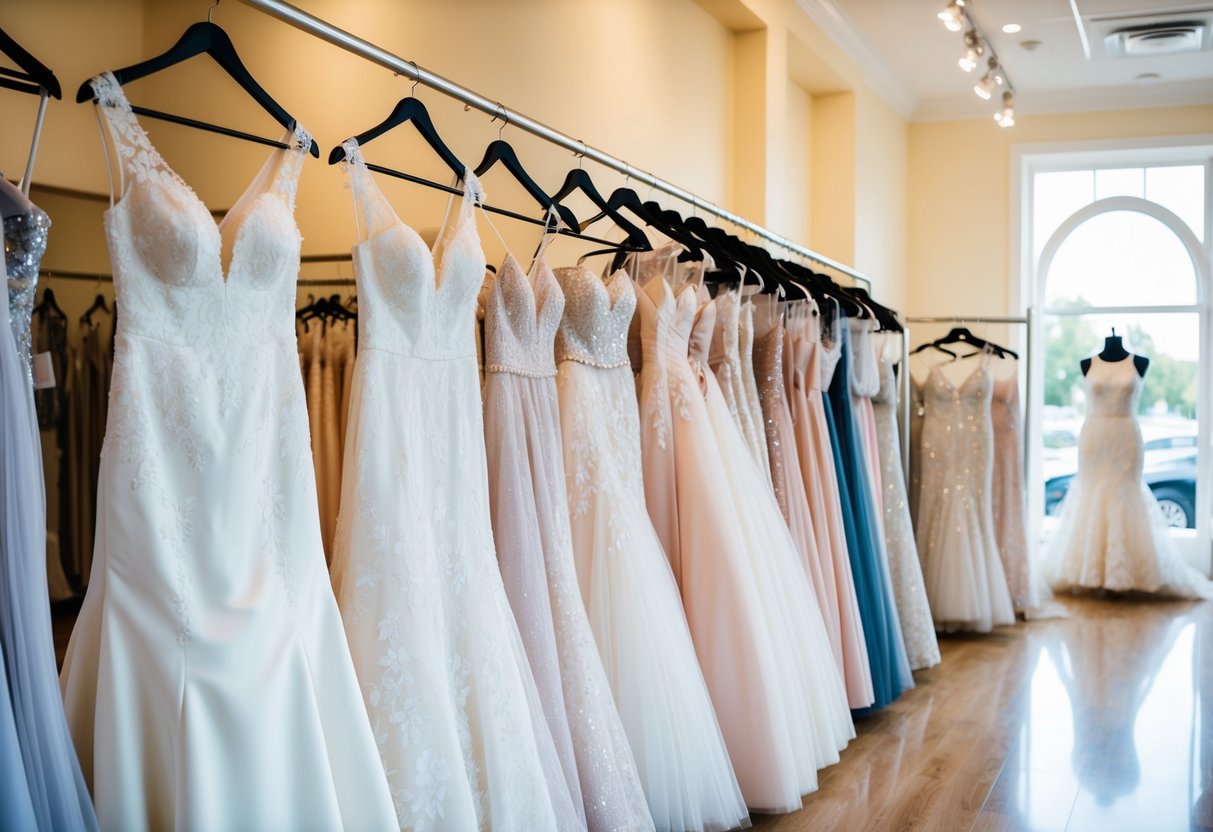 A row of wedding gowns in various sizes on display in a bright and elegant bridal shop