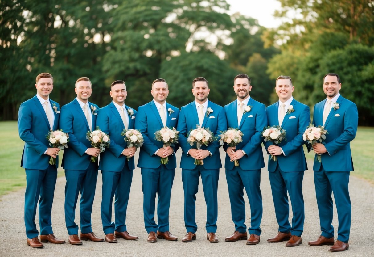 A group of men in matching suits stand together, holding bouquets and smiling