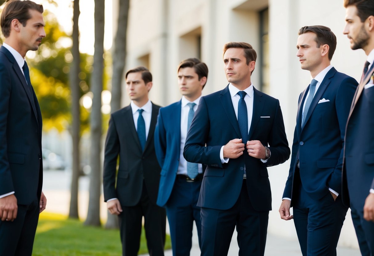A group of men in formal attire stand together, with one man slightly apart, looking uncertain