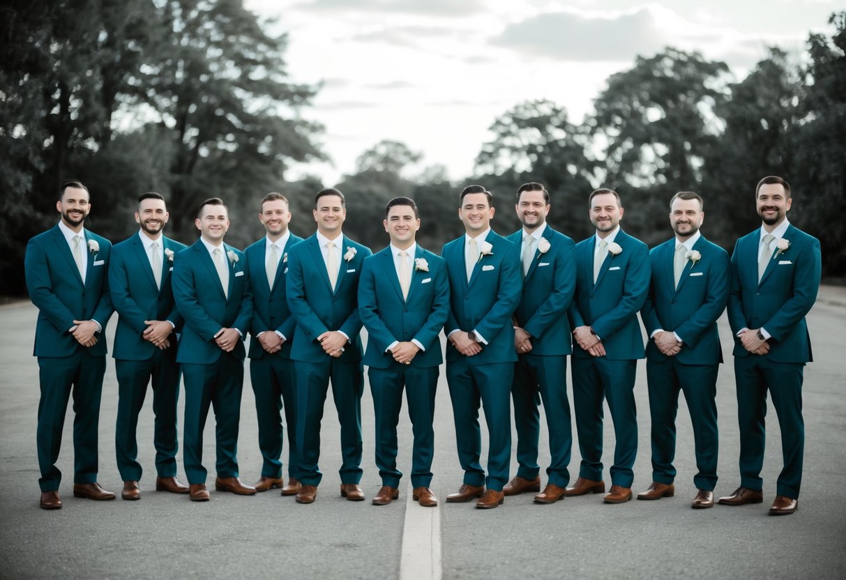 A group of men stand together, dressed in matching suits, with one man at the center. They appear to be part of a wedding party