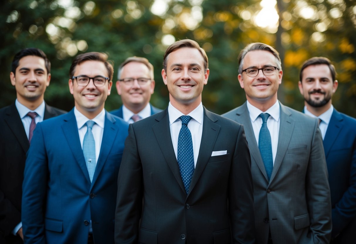A group of men in formal attire stand together, one in the center distinguished from the others