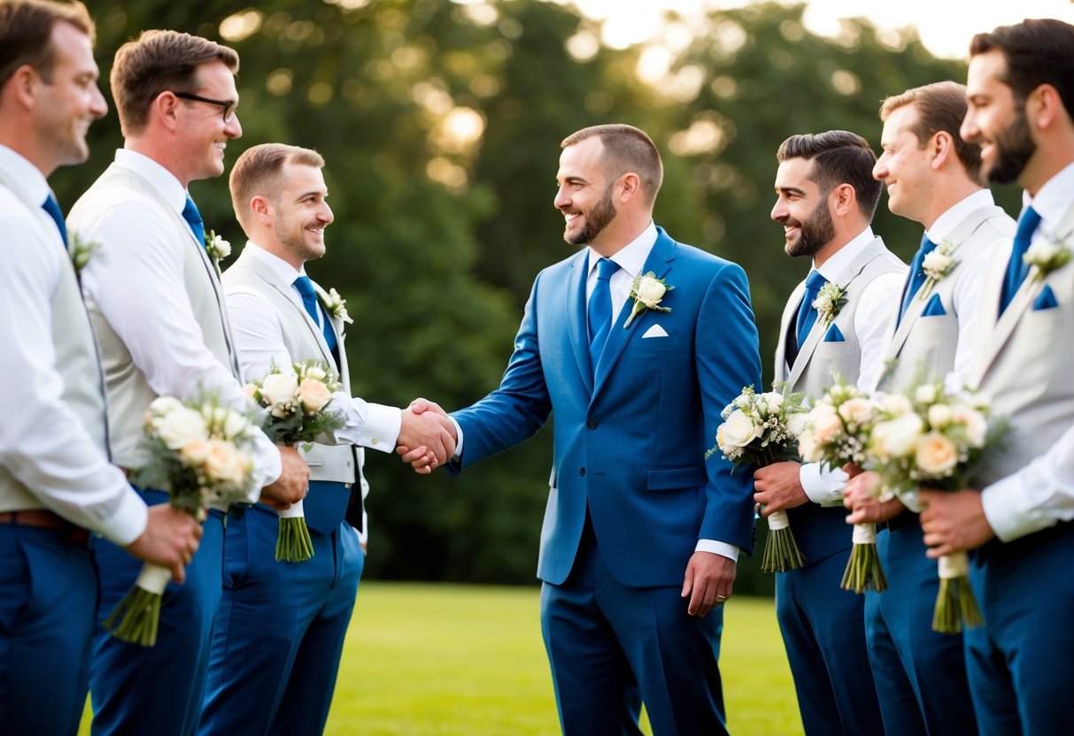 A group of groomsmen standing in a line, each holding a bouquet of flowers and smiling. The groom is in the center, shaking hands with each of them