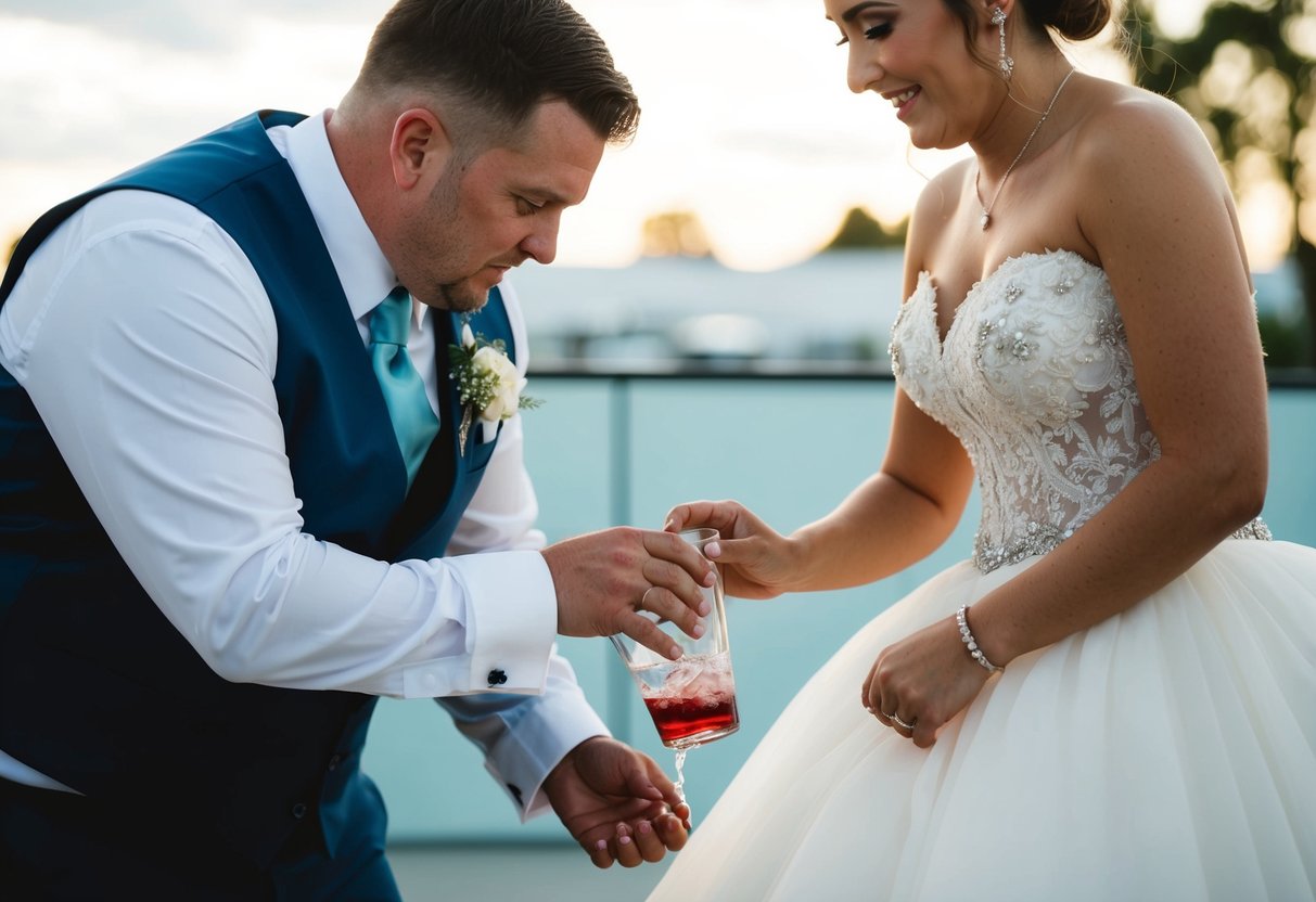 A groomsman spilling a drink on the bride's dress
