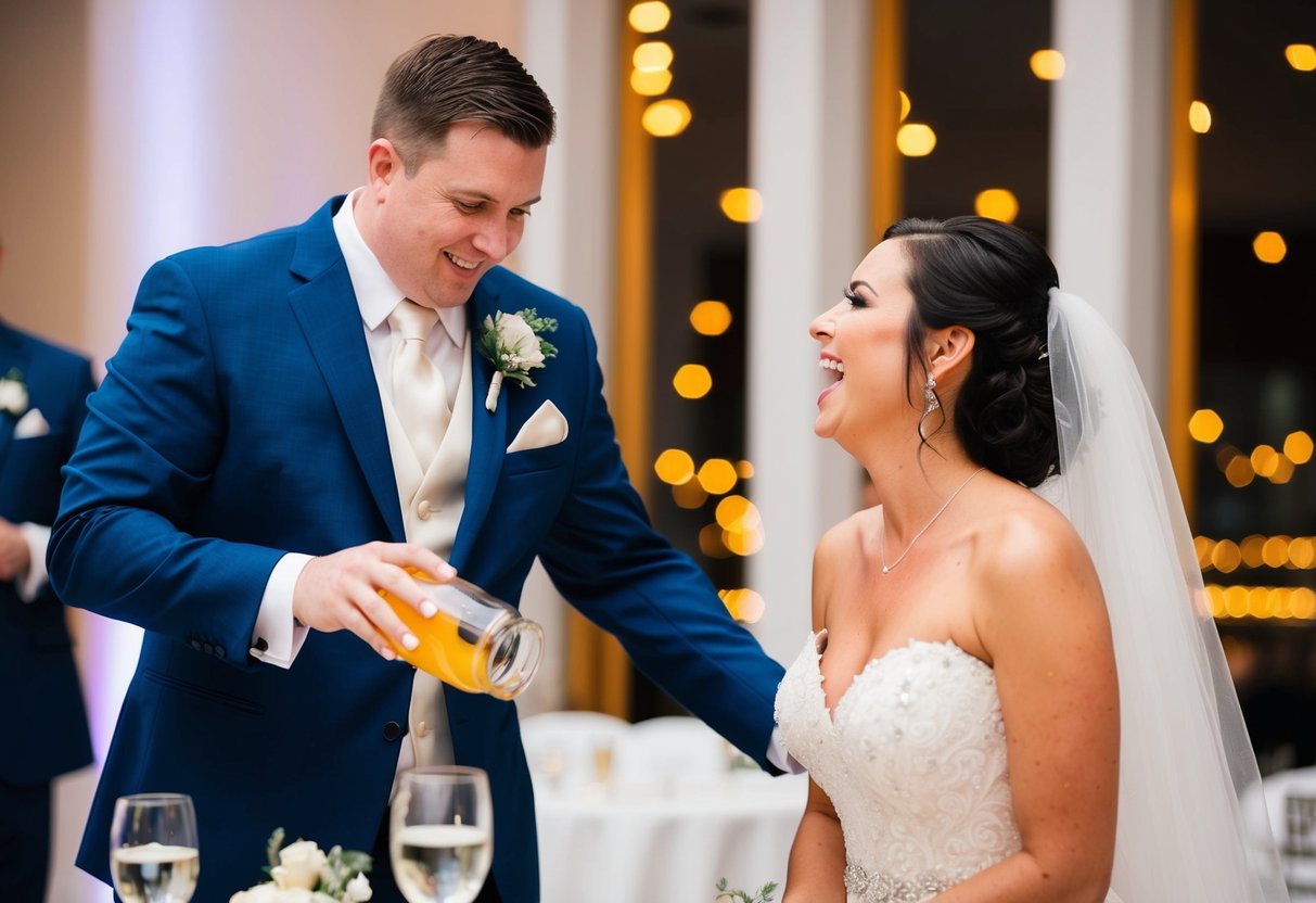 A groomsman spilling a drink on the bride's dress at the wedding reception