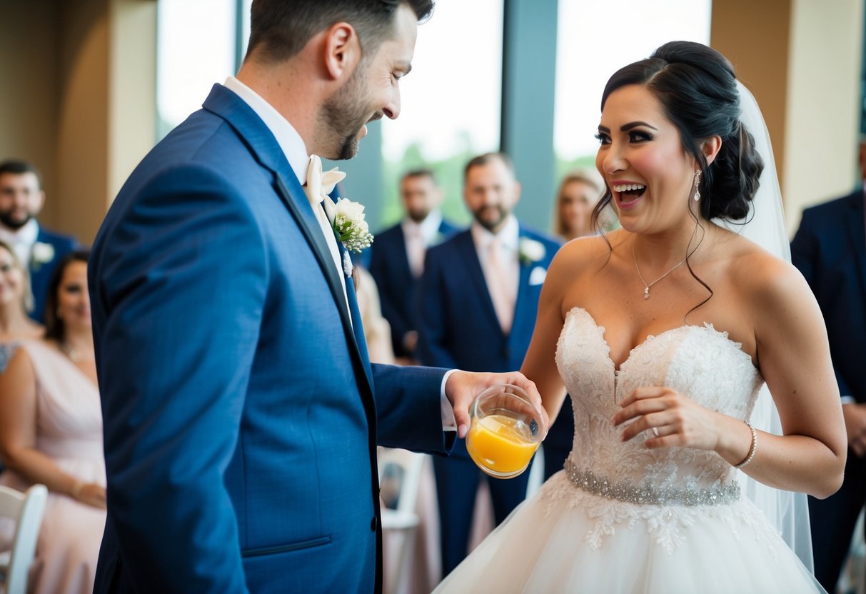 A groomsman spilling a drink on the bride's dress at a pre-wedding event
