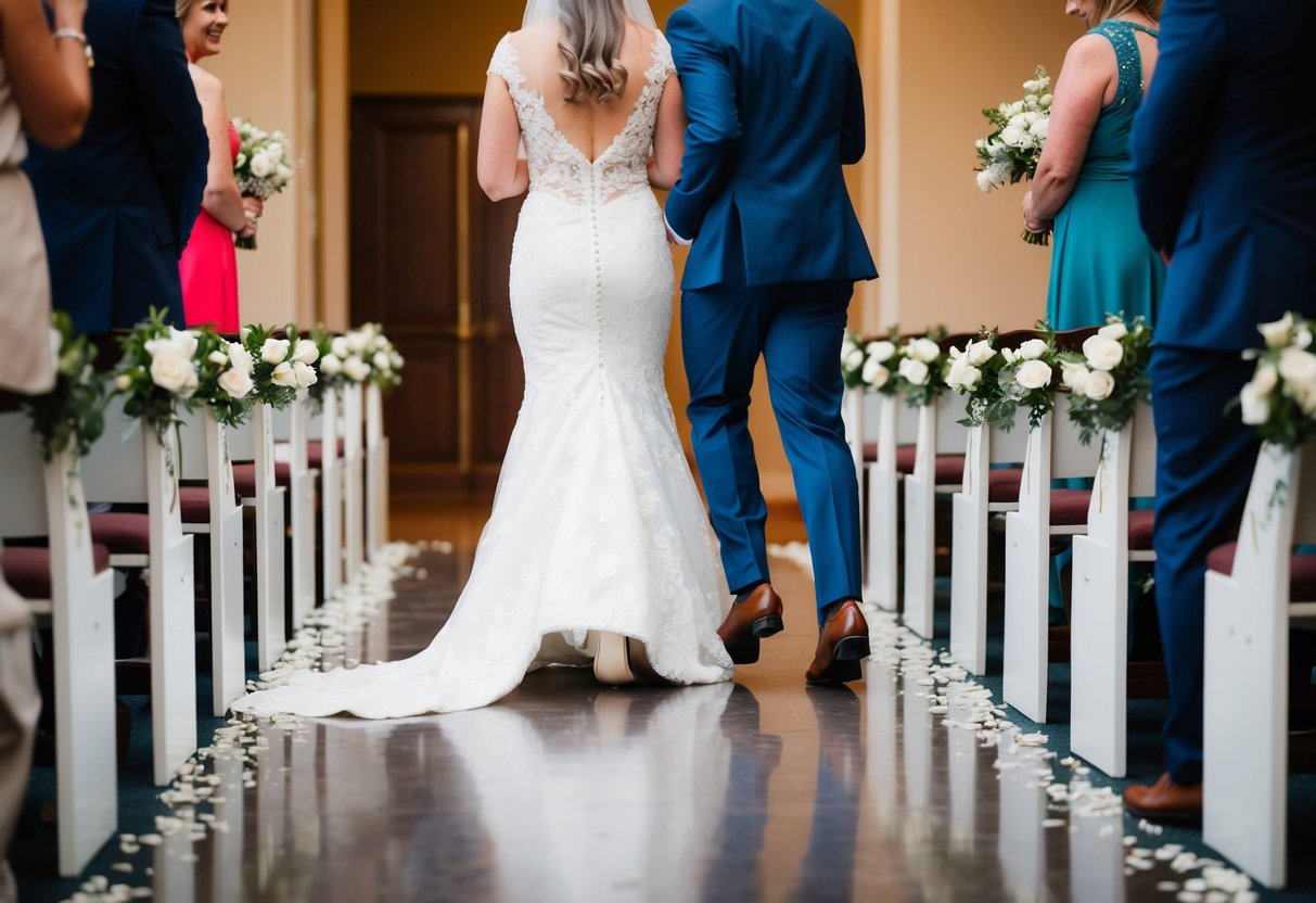 A groomsman accidentally stepping on the bride's train while walking down the aisle
