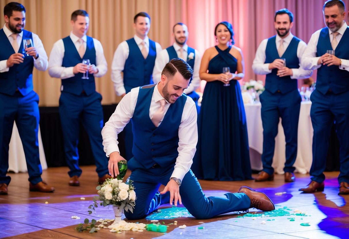 Groomsman spilling a drink on the dance floor, knocking over a centerpiece, and talking loudly during speeches