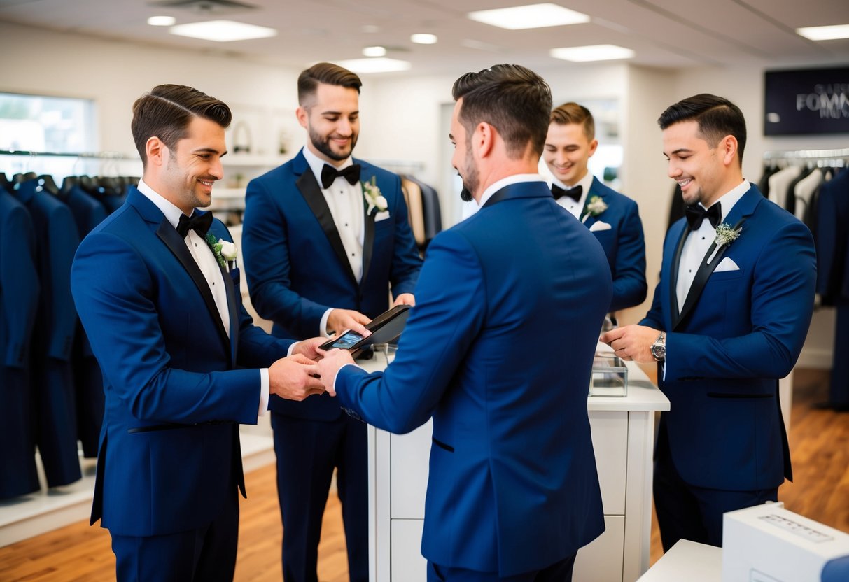 Groomsmen paying for tuxedos at a formalwear shop